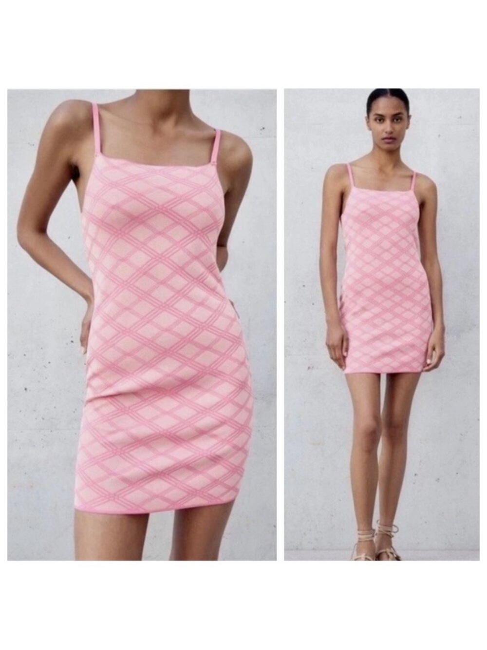 Zara Pink Diamond-Check Spaghetti Strap Mini Dress sz S